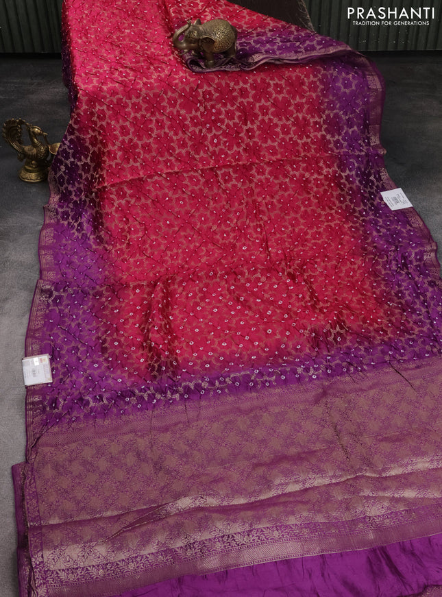 Chiniya silk saree pink and purple with allover bandhani prints & zari weaves and zari woven border