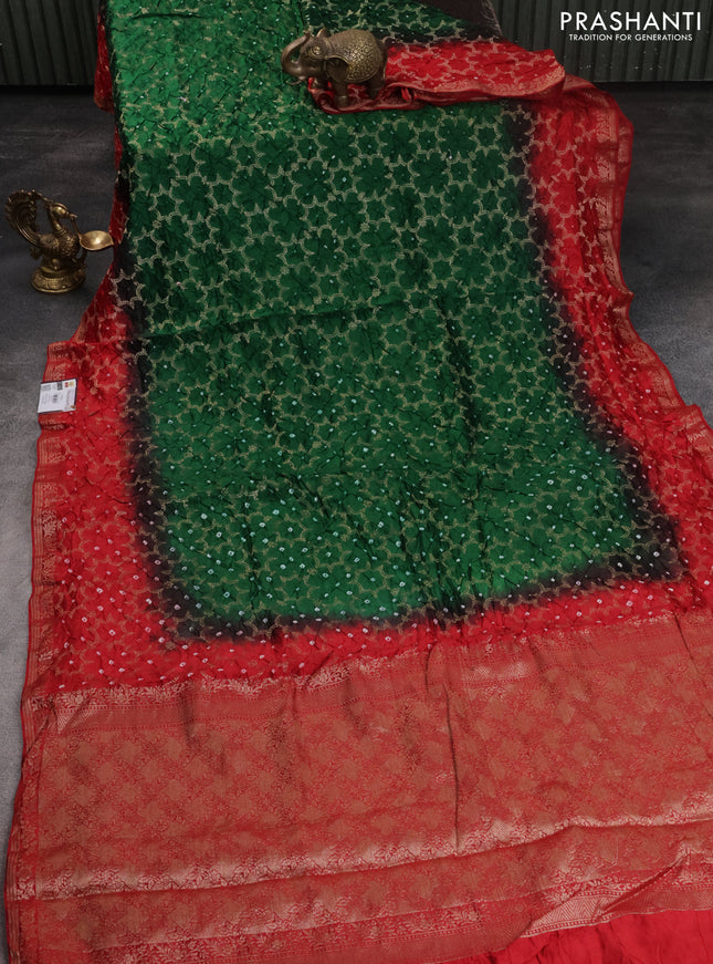 Chiniya silk saree green and red with allover bandhani prints & zari weaves and zari woven border