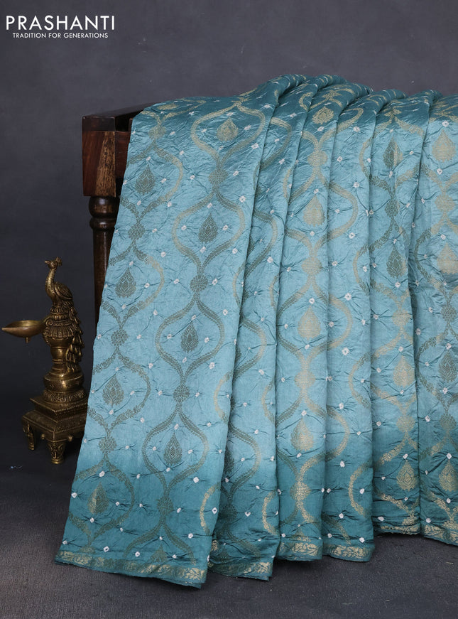 Chiniya silk saree pastel green and teal green with allover bandhani prints & zari weaves and zari woven border