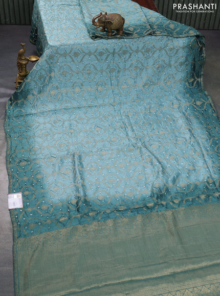Chiniya silk saree pastel green and teal green with allover bandhani prints & zari weaves and zari woven border