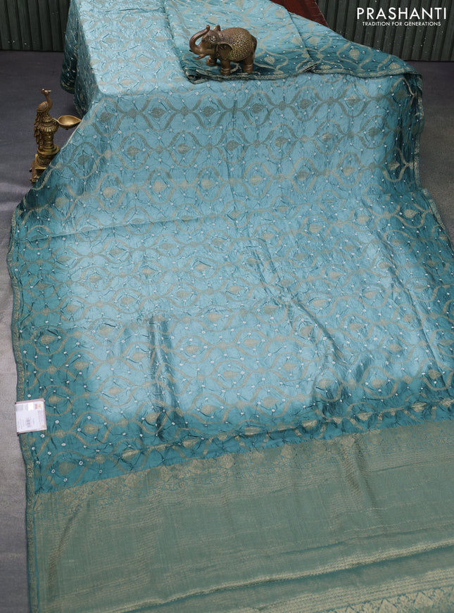 Chiniya silk saree pastel green and teal green with allover bandhani prints & zari weaves and zari woven border
