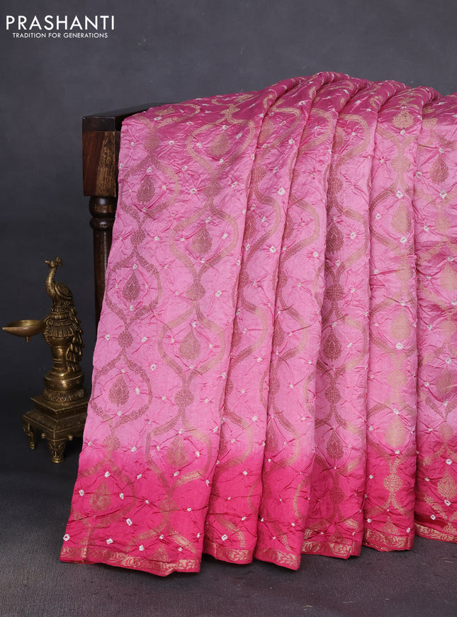 Chiniya silk saree pastel pink and pink with allover bandhani prints & zari weaves and zari woven border