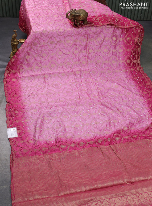 Chiniya silk saree pastel pink and pink with allover bandhani prints & zari weaves and zari woven border