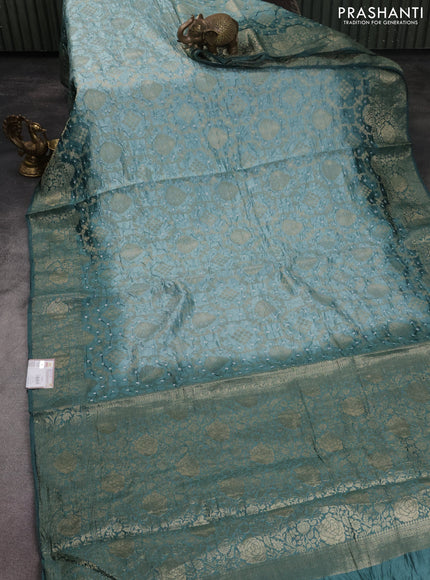 Chiniya silk saree pastel blue and pastel green shade with allover bandhani prints & zari weaves and zari woven border