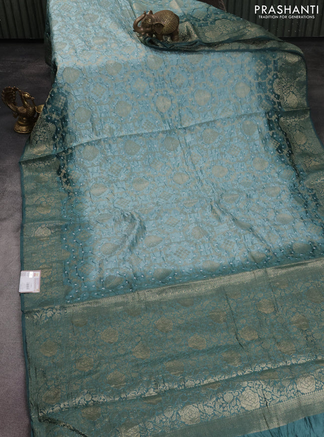 Chiniya silk saree pastel blue and pastel green shade with allover bandhani prints & zari weaves and zari woven border