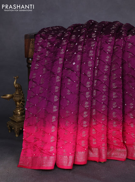 Chiniya silk saree purple and pink with allover bandhani prints & zari weaves and zari woven border