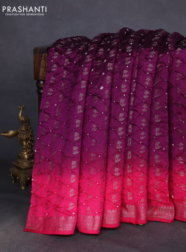 Chiniya silk saree purple and pink with allover bandhani prints & zari weaves and zari woven border