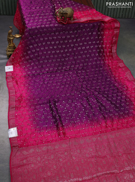 Chiniya silk saree purple and pink with allover bandhani prints & zari weaves and zari woven border
