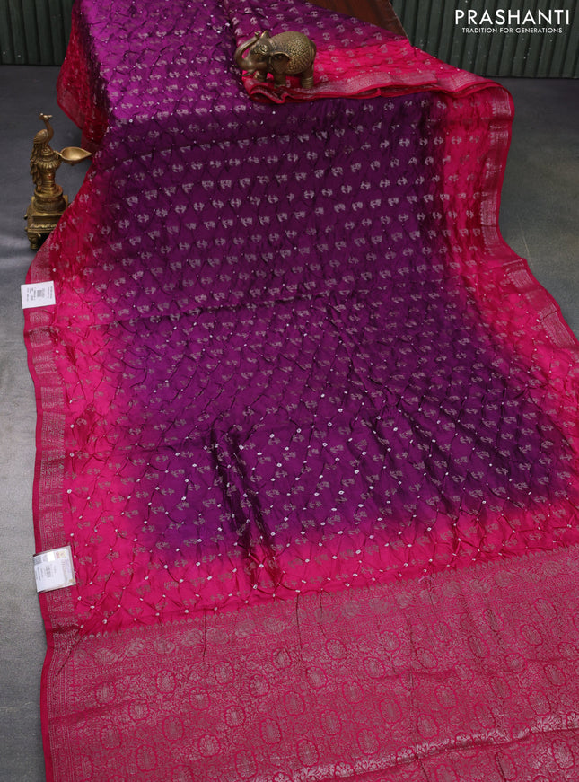 Chiniya silk saree purple and pink with allover bandhani prints & zari weaves and zari woven border