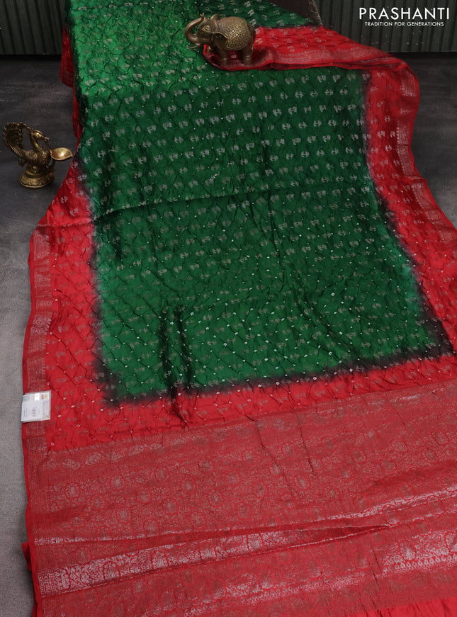 Chiniya silk saree green and red with allover bandhani prints & zari weaves and zari woven border