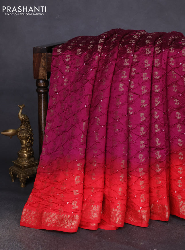 Chiniya silk saree purple and red with allover bandhani prints & zari weaves and zari woven border