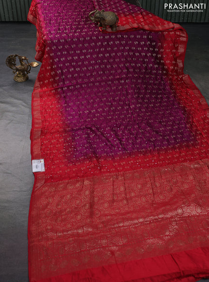 Chiniya silk saree purple and red with allover bandhani prints & zari weaves and zari woven border