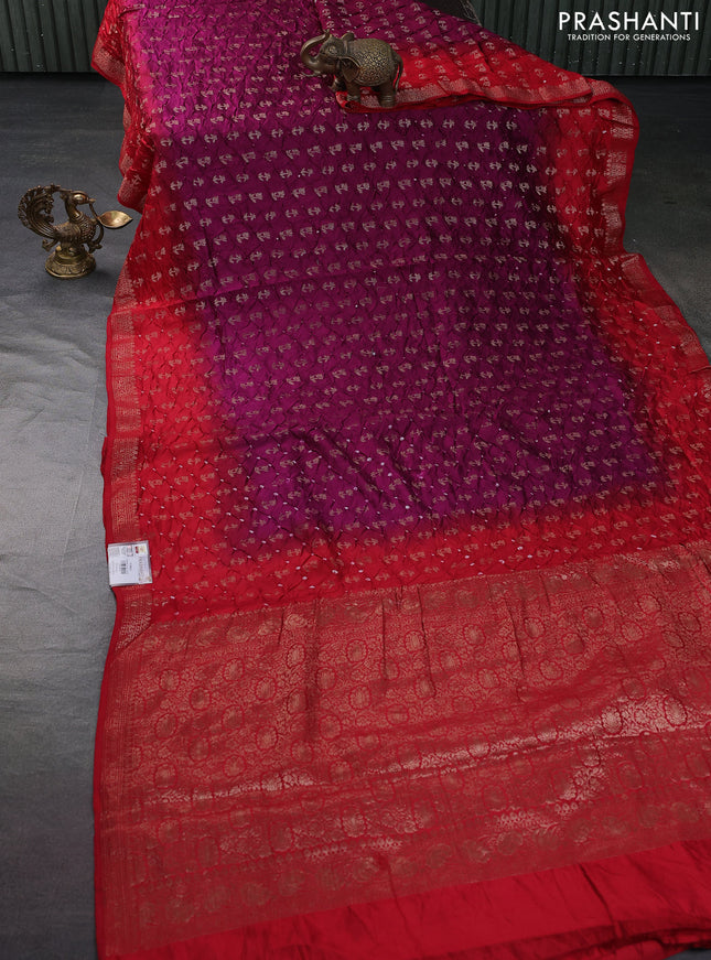 Chiniya silk saree purple and red with allover bandhani prints & zari weaves and zari woven border
