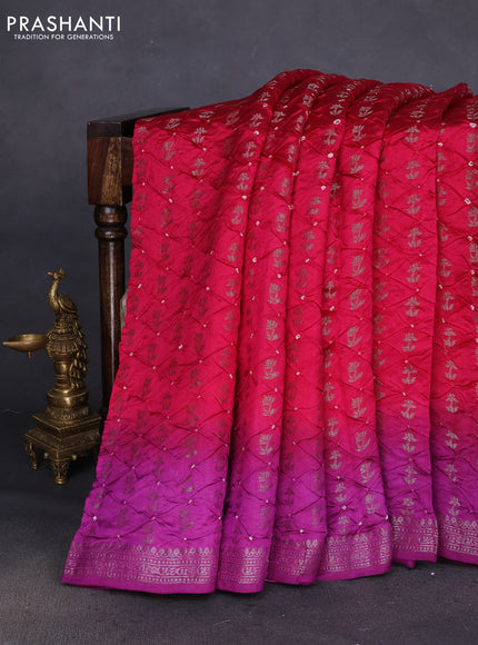 Chiniya silk saree pink and purple with allover bandhani prints & zari weaves and zari woven border