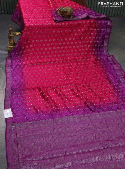 Chiniya silk saree pink and purple with allover bandhani prints & zari weaves and zari woven border