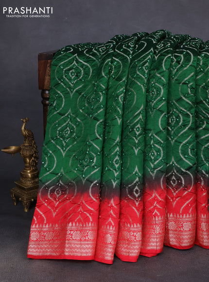 Chiniya silk saree green and red with allover bandhani prints & zari weaves and zari woven border