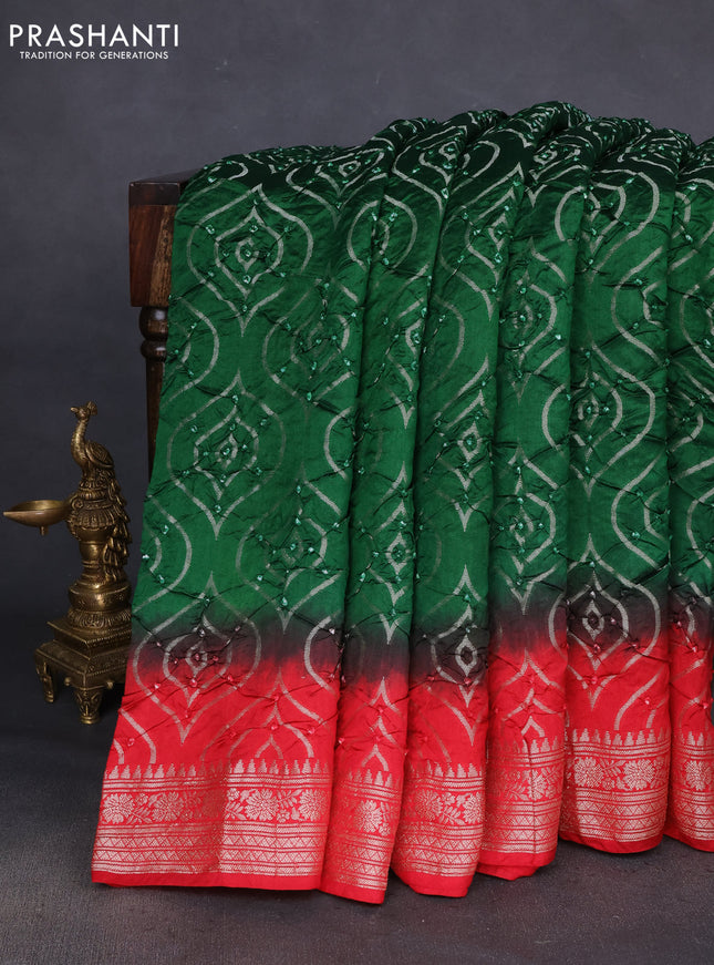 Chiniya silk saree green and red with allover bandhani prints & zari weaves and zari woven border