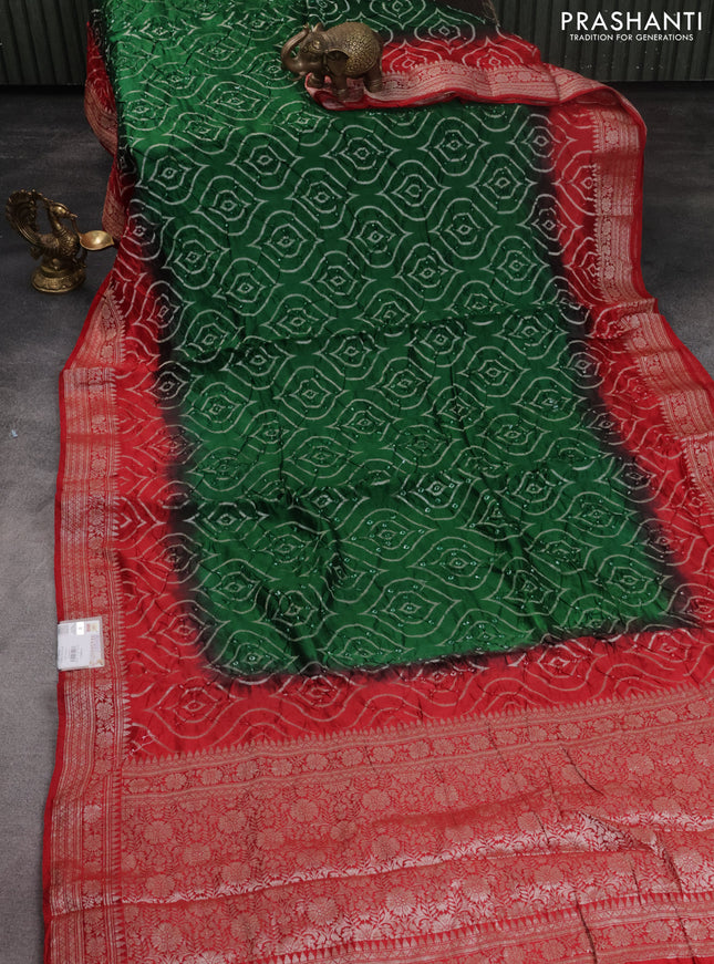 Chiniya silk saree green and red with allover bandhani prints & zari weaves and zari woven border
