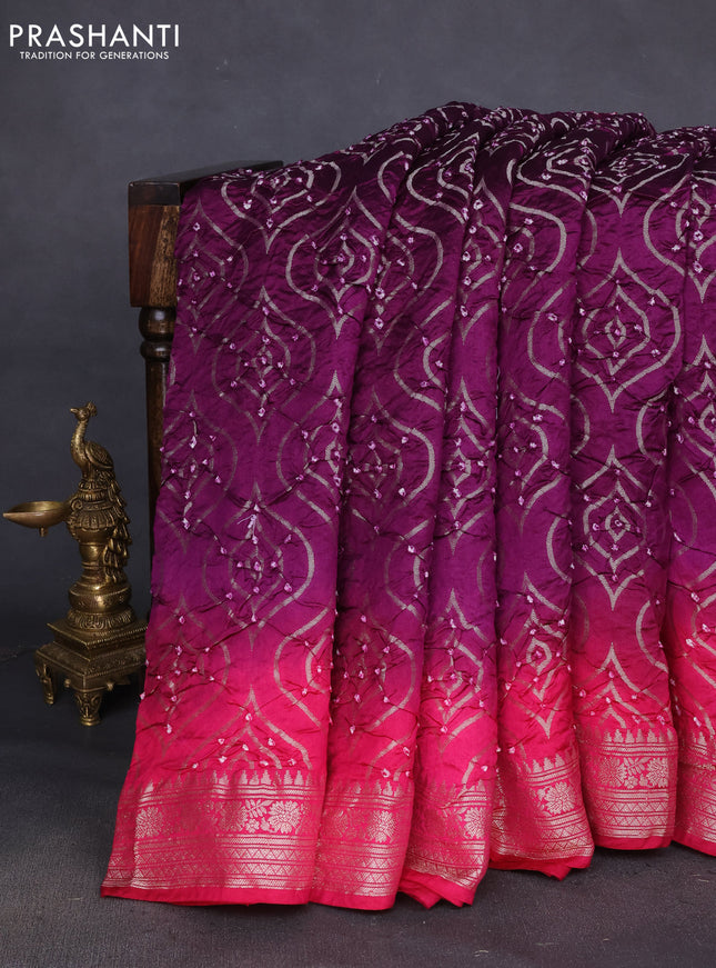 Chiniya silk saree purple and pink with allover bandhani prints & zari weaves and zari woven border