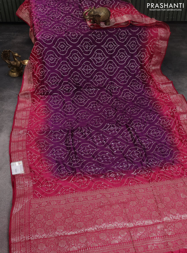 Chiniya silk saree purple and pink with allover bandhani prints & zari weaves and zari woven border