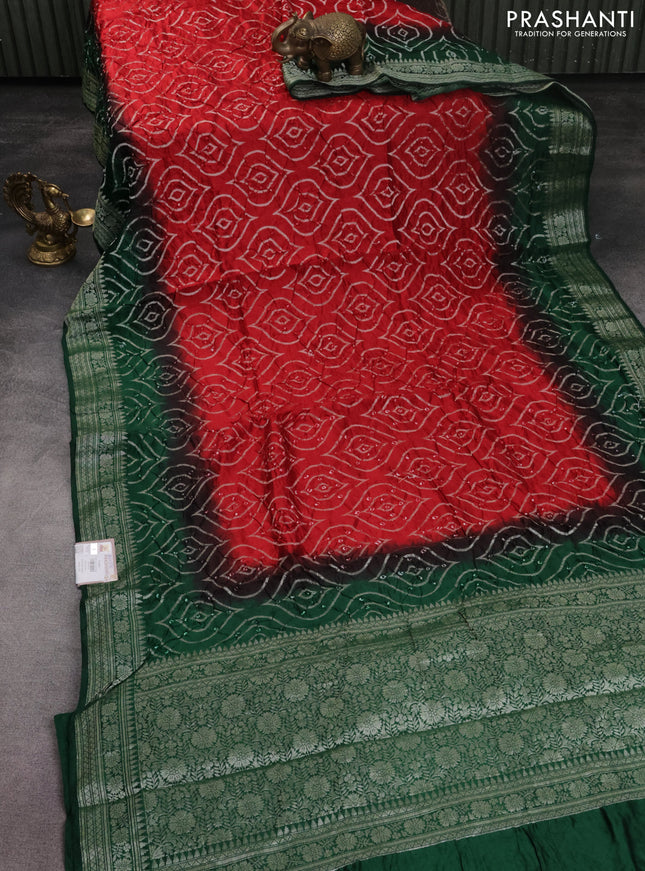 Chiniya silk saree red and green with allover bandhani prints & zari weaves and zari woven border