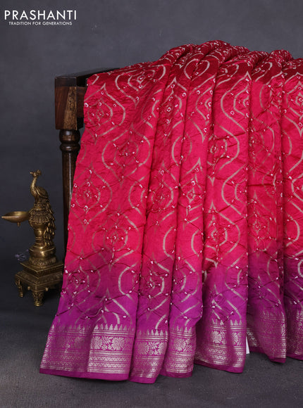 Chiniya silk saree pink and purple with allover bandhani prints & zari weaves and zari woven border