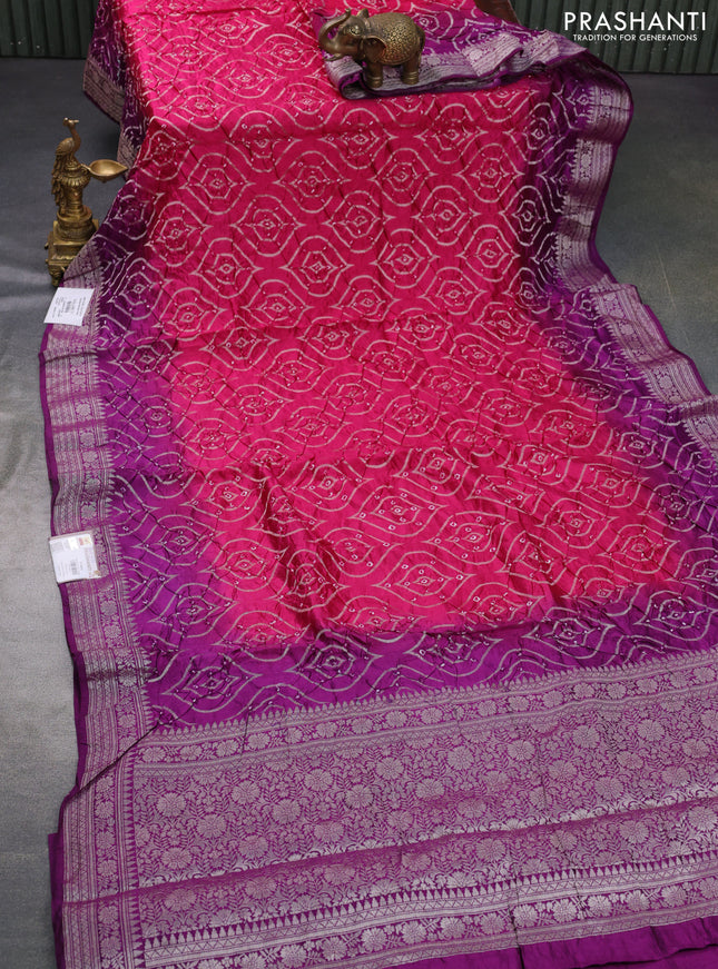 Chiniya silk saree pink and purple with allover bandhani prints & zari weaves and zari woven border