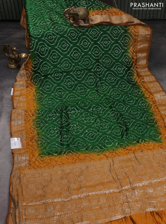 Chiniya silk saree green and mustard yellow with allover bandhani prints & zari weaves and zari woven border