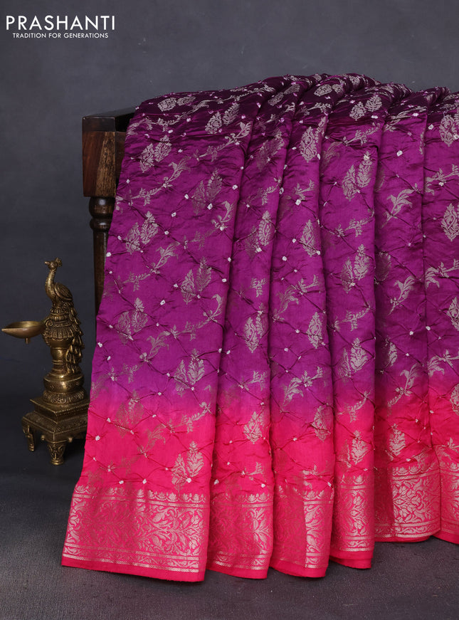 Chiniya silk saree purple and pink with allover bandhani prints & zari weaves and zari woven border