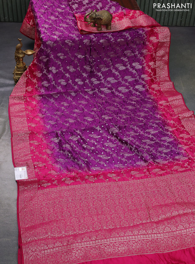 Chiniya silk saree purple and pink with allover bandhani prints & zari weaves and zari woven border