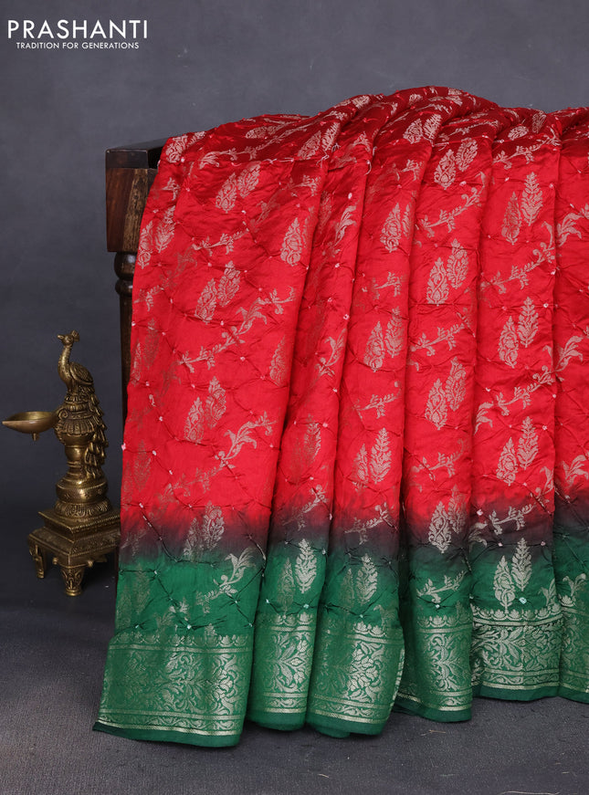 Chiniya silk saree red and green with allover bandhani prints & zari weaves and zari woven border