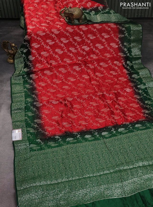 Chiniya silk saree red and green with allover bandhani prints & zari weaves and zari woven border