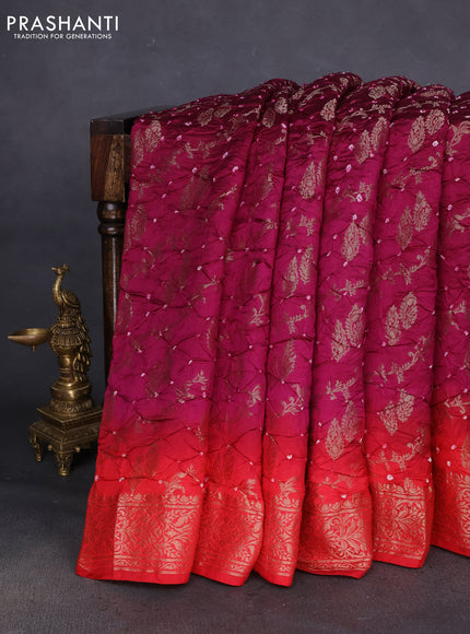 Chiniya silk saree purple and red with allover bandhani prints & zari weaves and zari woven border