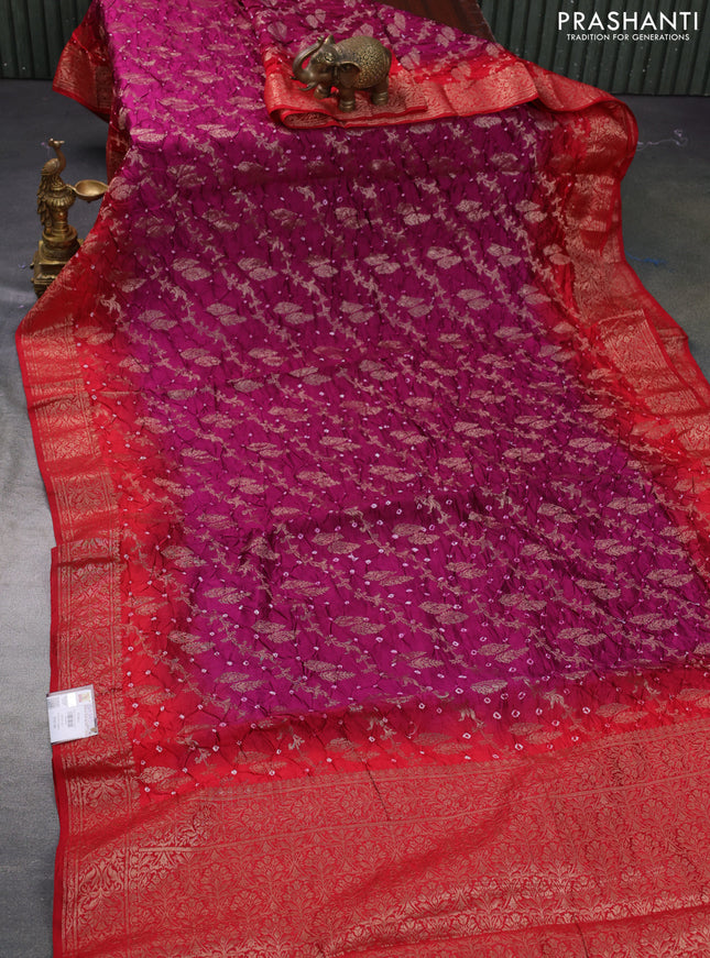 Chiniya silk saree purple and red with allover bandhani prints & zari weaves and zari woven border