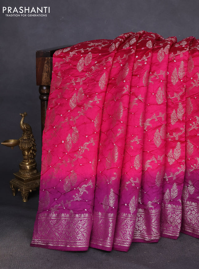 Chiniya silk saree pink and purple with allover bandhani prints & zari weaves and zari woven border
