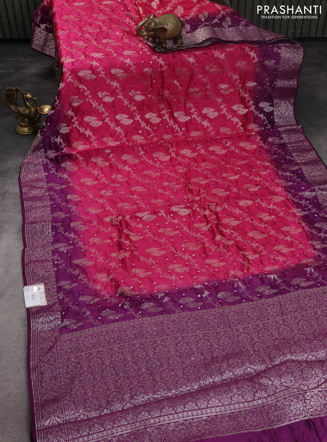 Chiniya silk saree pink and purple with allover bandhani prints & zari weaves and zari woven border
