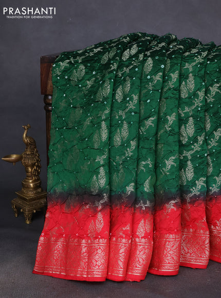 Chiniya silk saree green and red with allover bandhani prints & zari weaves and zari woven border