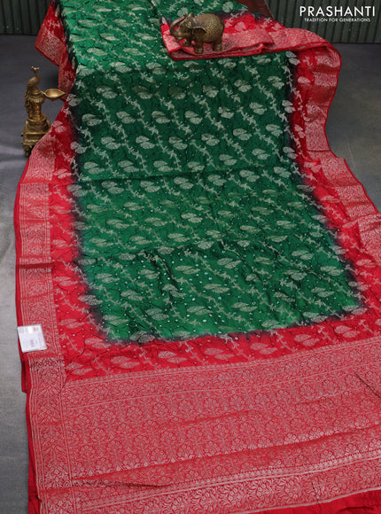 Chiniya silk saree green and red with allover bandhani prints & zari weaves and zari woven border