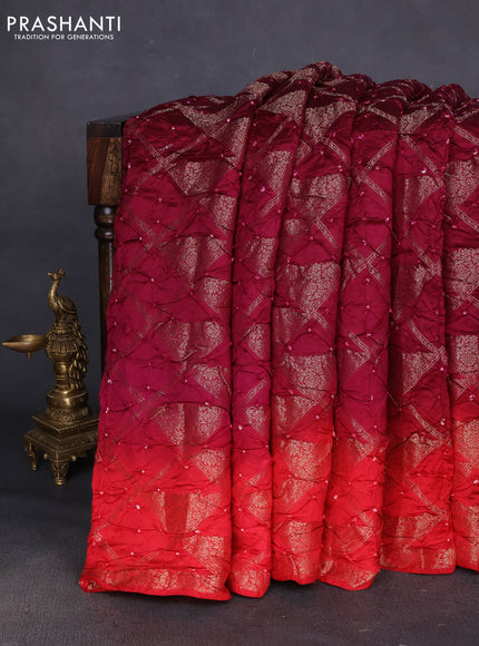 Chiniya silk saree wine shade and red with allover bandhani prints & zari weaves and zari woven border