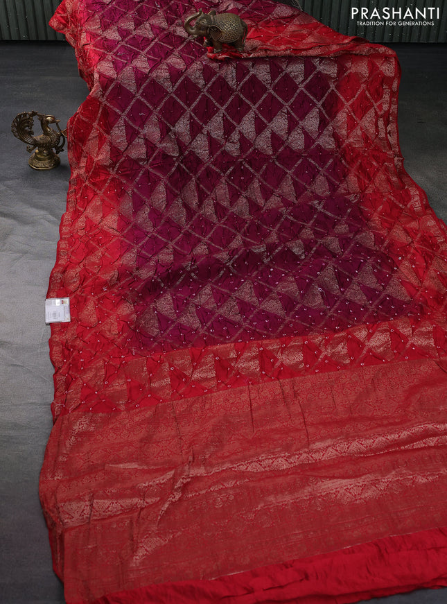 Chiniya silk saree wine shade and red with allover bandhani prints & zari weaves and zari woven border