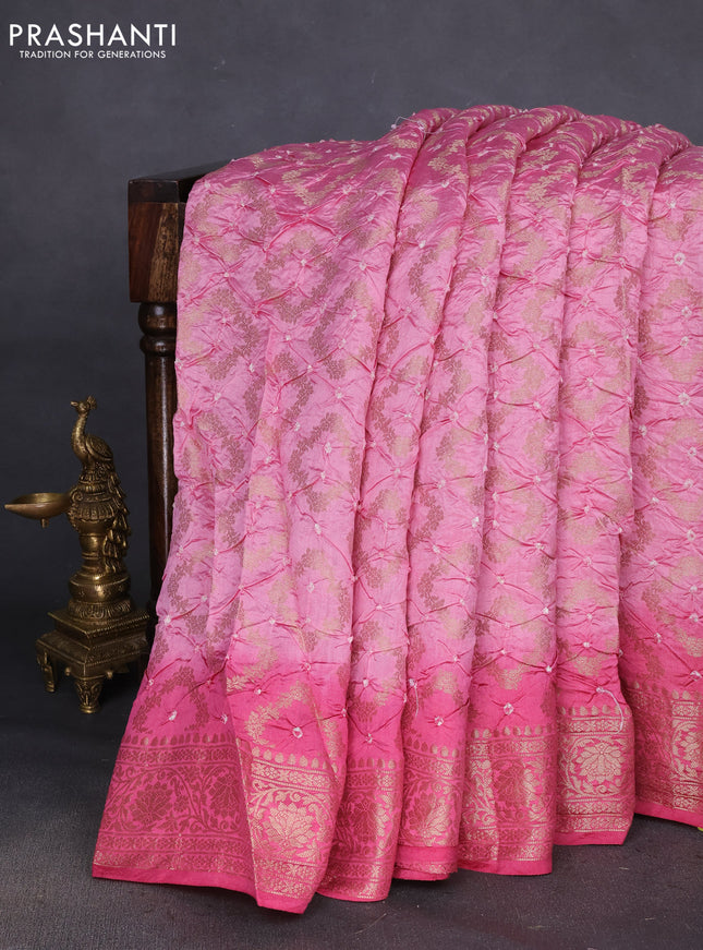 Chiniya silk saree pastel pink and pink shade with allover bandhani prints & zari weaves and zari woven border