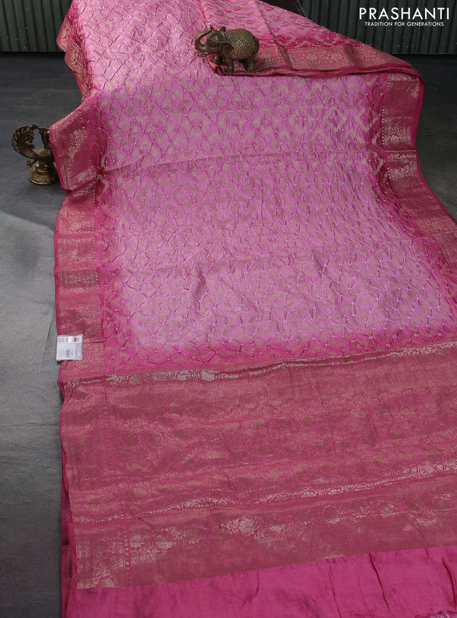 Chiniya silk saree pastel pink and pink shade with allover bandhani prints & zari weaves and zari woven border