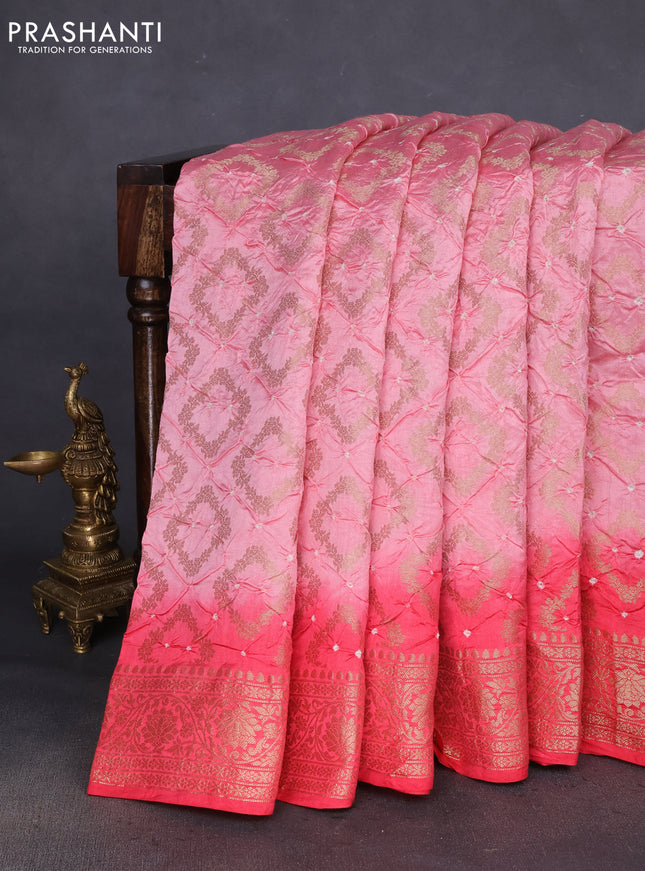 Chiniya silk saree peach shade and red shade with allover bandhani prints & zari weaves and zari woven border