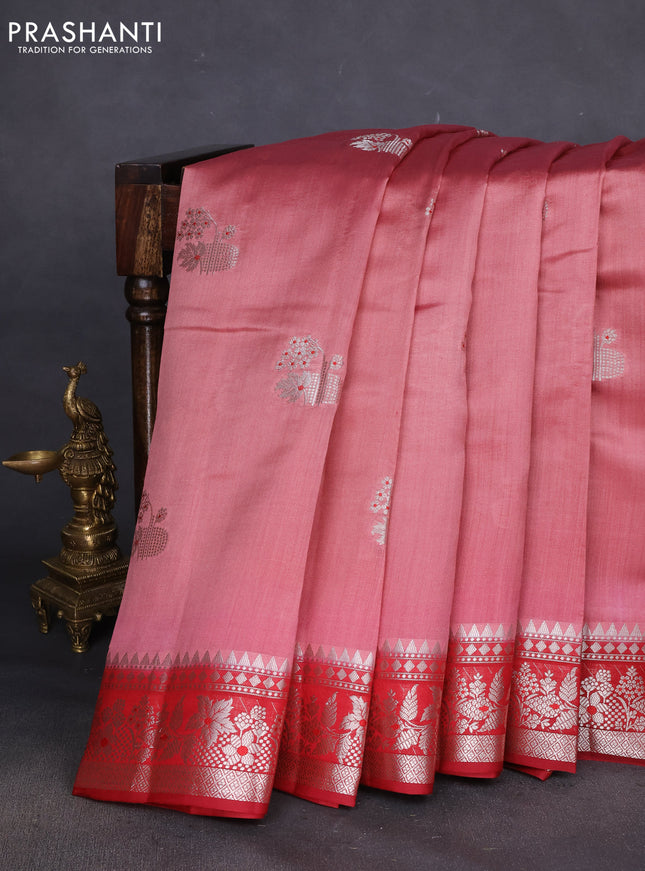 Chiniya silk saree peach shade and maroon with zari woven buttas and zari woven border