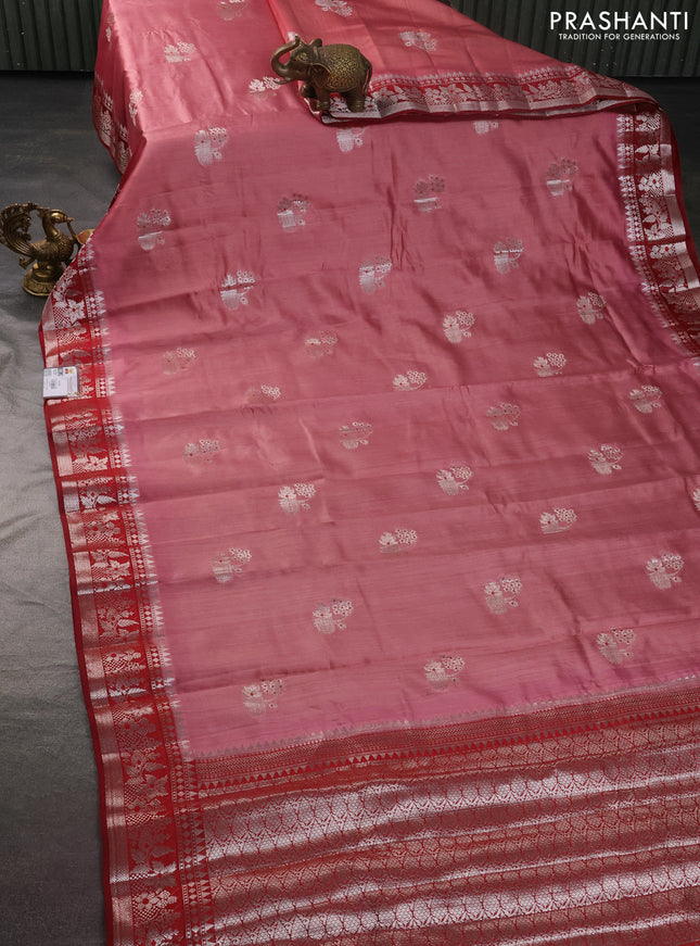 Chiniya silk saree peach shade and maroon with zari woven buttas and zari woven border