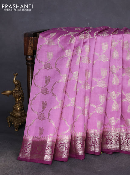 Chiniya silk saree mauve pink and wine shade with allover zari weaves and zari woven border