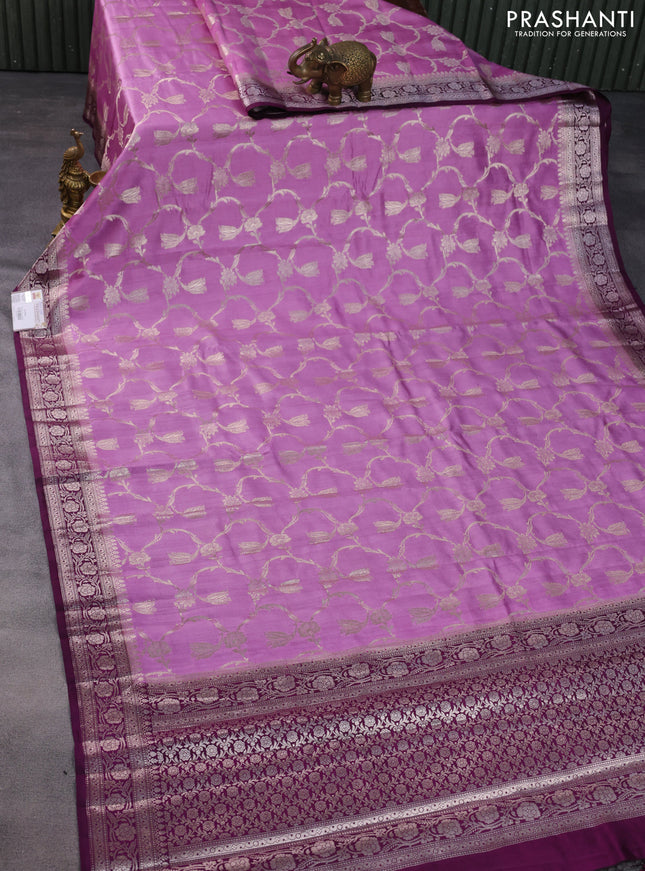 Chiniya silk saree mauve pink and wine shade with allover zari weaves and zari woven border
