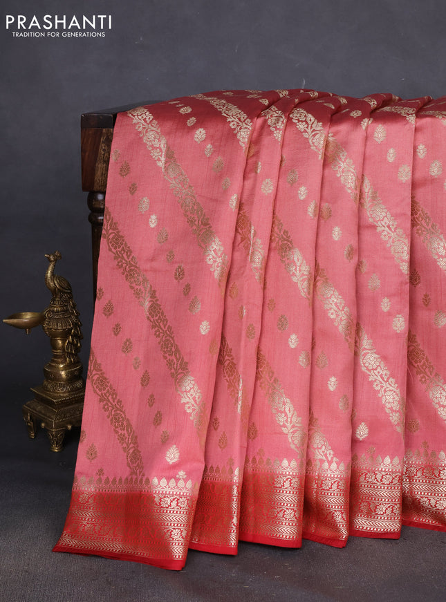 Chiniya silk saree peach shade and maroon with allover zari weaves and zari woven border