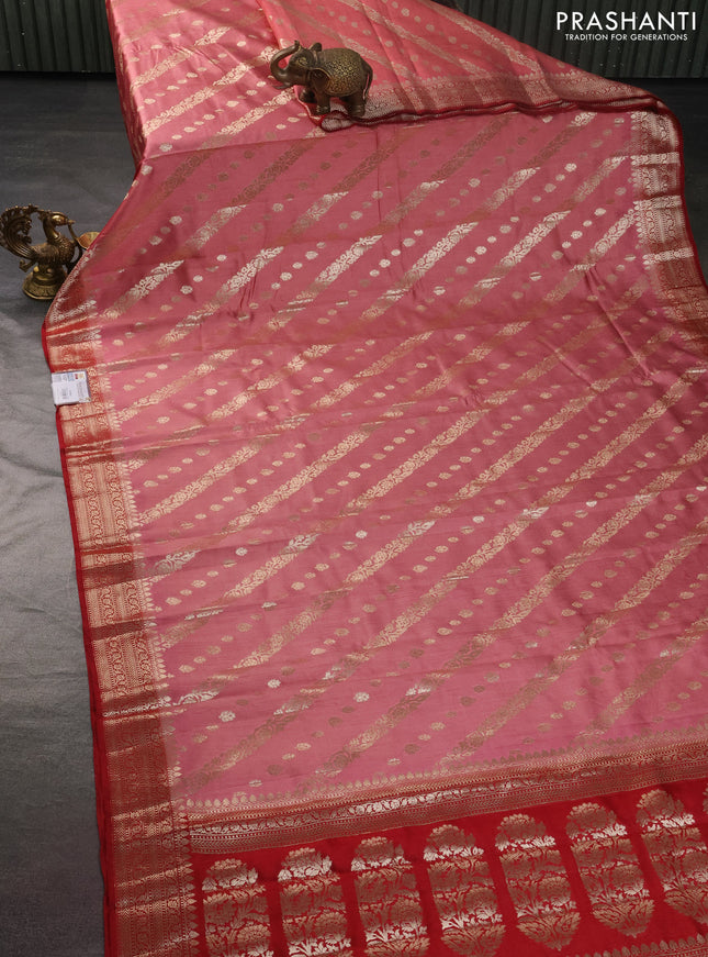 Chiniya silk saree peach shade and maroon with allover zari weaves and zari woven border