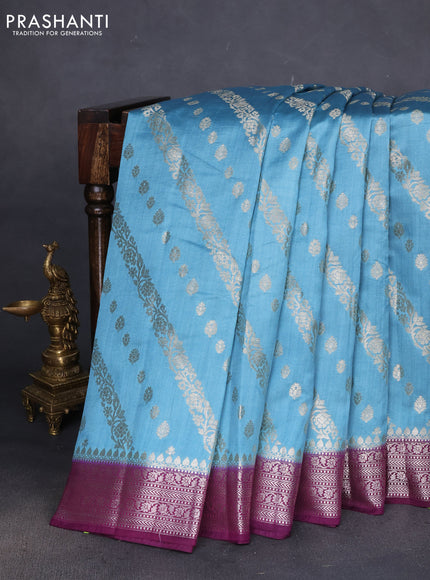 Chiniya silk saree pastel blue and wine shade with allover zari weaves and zari woven border